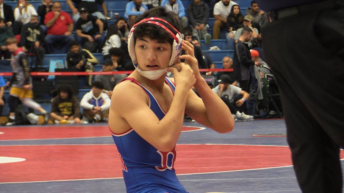 Christopher Huerta of Buchanan High won his quarterfinal match at the Central Section Masters on Friday, Feb. 17, 2023.