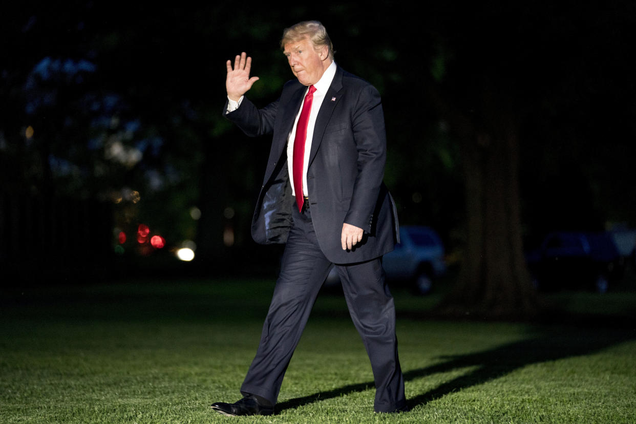 President Donald Trump walks on the South Lawn as he arrives at the White House in Washington, Wednesday, May 23, 2018, returning from a roundtable discussion on illegal immigration and gang violence. (AP)