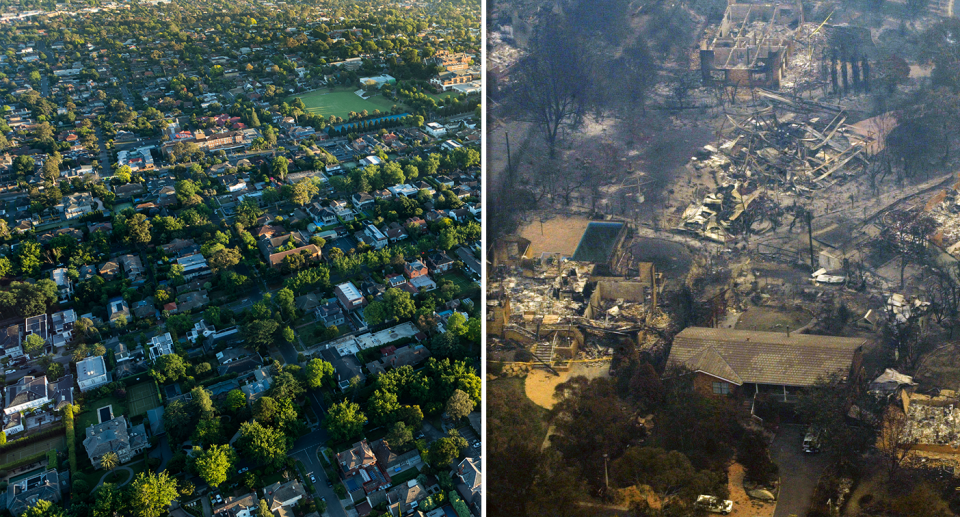 An aerial view of Melbourne's green suburbs (left). A burnt out Canberra street (right). 