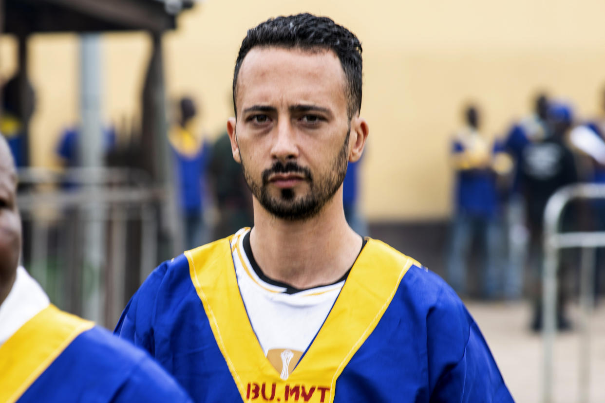 CORRECTS ID: American Benjamin Reuben Zalman-Polun arrives for a court verdict in Congo, Kinshasa, Friday Sept .13, 2024, on charges of taking part in a coup attempt in May 2024. (AP Photo/Samy Ntumba Shambuyi)