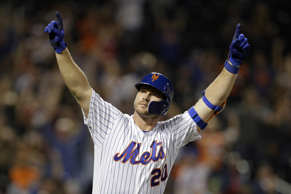 FILE - In this Sept. 28, 2019, file photo, New York Mets' Pete Alonso reacts after hitting hitting his 53rd home run of the season during the third inning of a baseball game against the Atlanta Braves, in New York. Alonso at the plate. Jacob deGrom on the mound. And a healthy Yoenis Céspedes pegged conveniently for designated hitter. There’s no question the New York Mets have reasons to believe this pandemic-shortened season is perfect for them -- even without injured starter Noah Syndergaard. All they need to do is pick right up where they left off last year.(AP Photo/Adam Hunger, File)