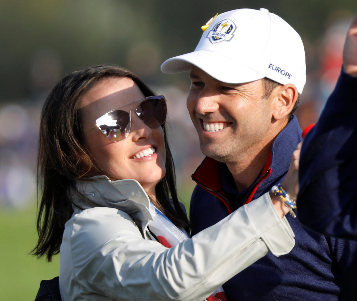 Team Europe's Sergio Garcia celebrates with spouse Angela Garcia after winning his Foursomes match with partner Alex Noren against Team USA's Phil Mickelson and Bryson DeChambeau  REUTERS/Charles Platiau