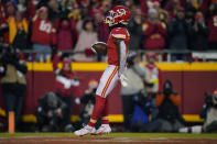 Kansas City Chiefs running back Jerick McKinnon (1) celebrates after scoring on 4-yard touchdown reception during the first half of an NFL wild-card playoff football game against the Pittsburgh Steelers, Sunday, Jan. 16, 2022, in Kansas City, Mo. (AP Photo/Ed Zurga)