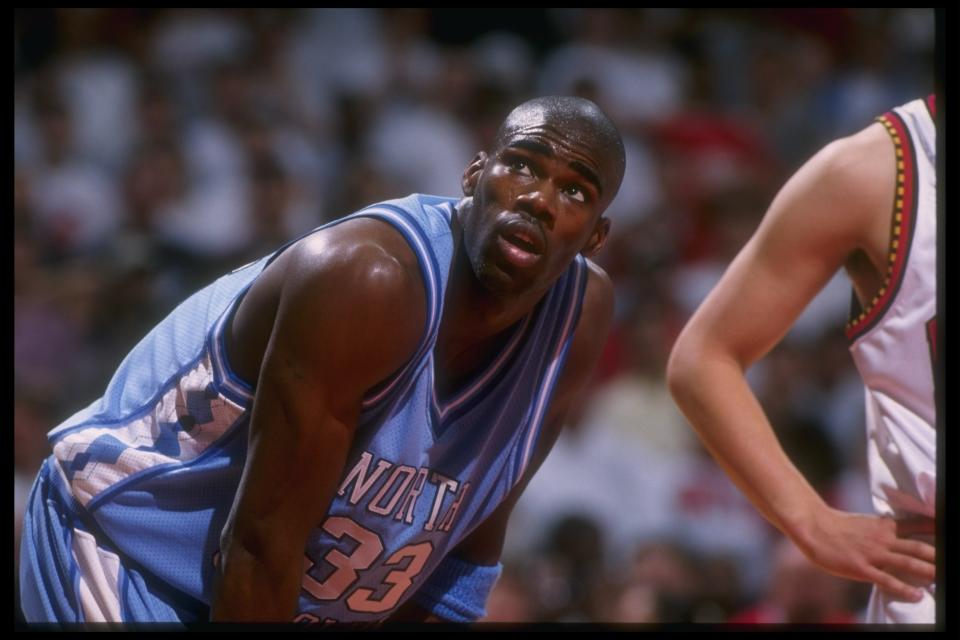 Antawn Jamison of North Carolina University looks up at the basket during the Tarheels 93-81 win over Maryland at the Cole Field House in College Park, Maryland. Doug Pensinger /Allsport