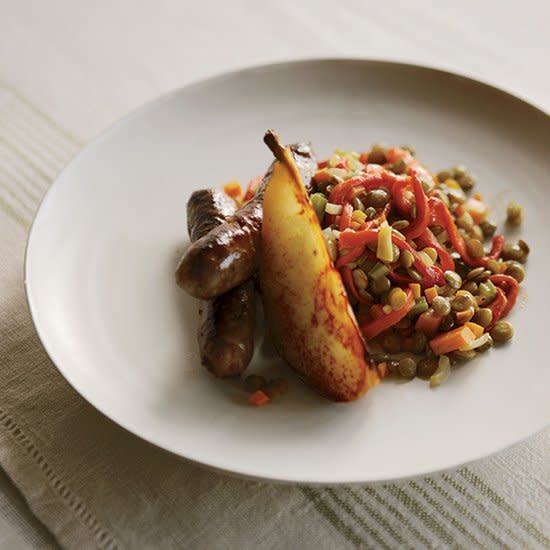 Lamb Sausage with Lentils and Sautéed Pears