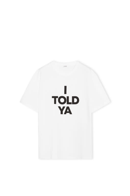 <p>"I Told Ya" Relaxed Fit T-shirt in Cotton, $330, <a href="https://go.skimresources.com?id=133023X1595699&xs=1&url=https%3A%2F%2Fwww.loewe.com%2Fusa%2Fen%2Fmen%2Fmenswear%2Ft-shirts%2Frelaxed-fit-t-shirt-in-cotton%2FH526Y22XB6-2100.html" rel="noopener" target="_blank" data-ylk="slk:available here;elm:context_link;itc:0;sec:content-canvas" class="link ">available here</a> (sizes XXS-XXL)</p>