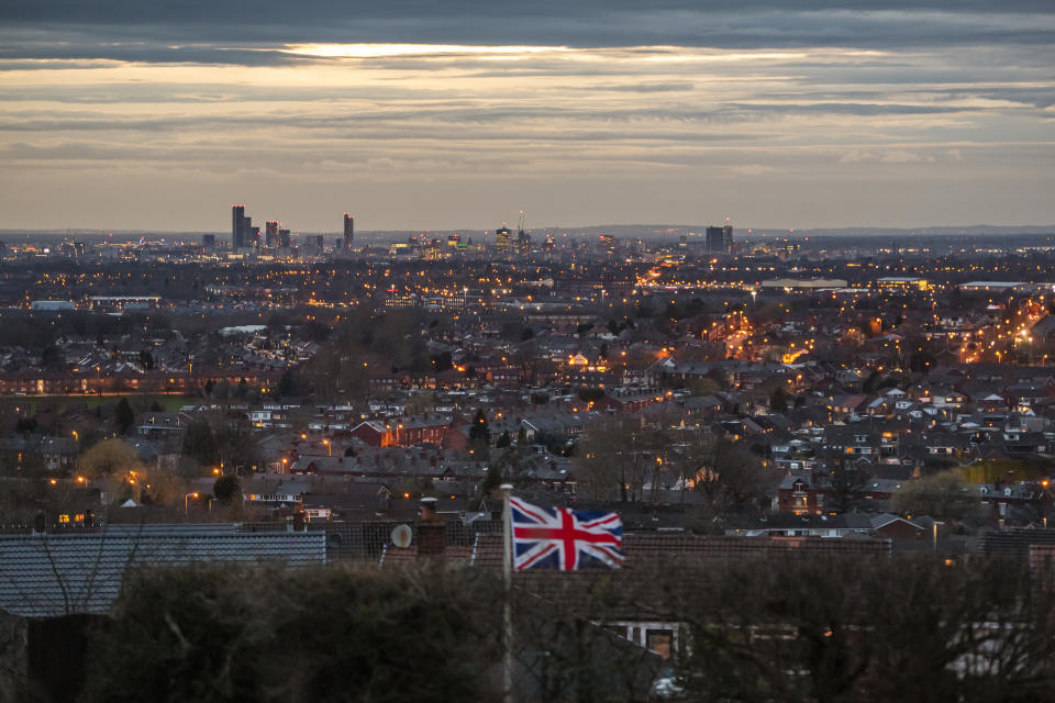 MANCHESTER, ENGLAND - MARCH 16: A Union flag flies in a garden overlooking Manchester on March 16, 2020 in Manchester, England. (Photo by Anthony Devlin/Getty Images)
