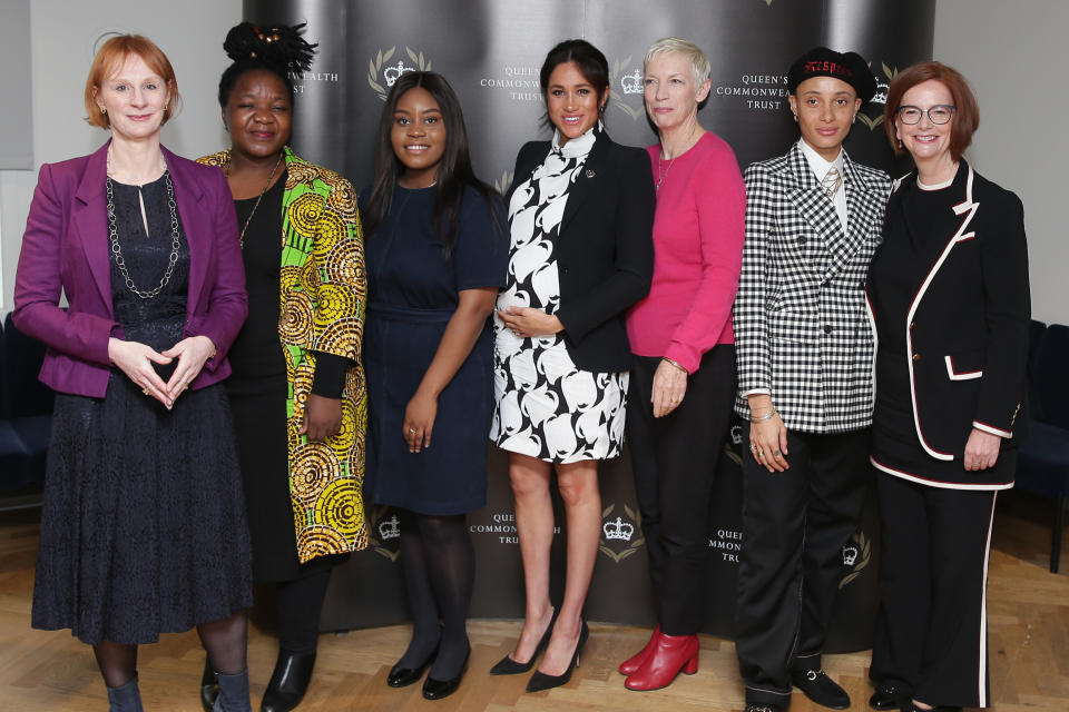 Journalist Anne McElvoy, Camfed Regional Director Zimbabwe's Angeline Murimirwa, British campaigner Chrisann Jarrett, the Duchess of Sussex, Annie Lennox, Adwoa Aboah and former Australian Prime Minister Julia Gillard attend a panel discussion convened by the Queen's Commonwealth Trust to mark International Women's Day on March 8, 2019 in London.  (Photo: WPA Pool via Getty Images)