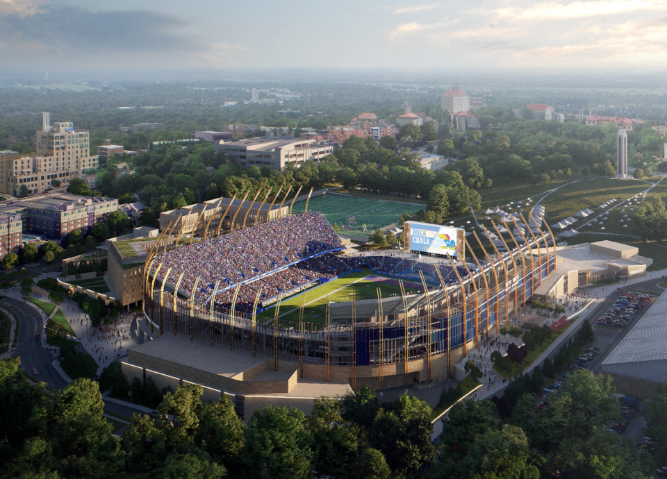 A first look at renderings of David Booth Kansas Memorial Stadium, with renovations expected to be underway in December of 2023 until August of 2025.