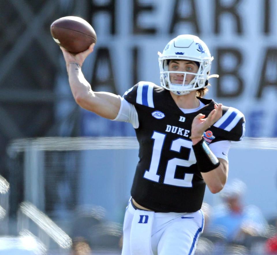 Duke Blue Devils quarterback Grayson Loftis (12) passes the ball during their game against the Troy Trojans in the Birmingham Bowl in Birmingham, Ala., Saturday, Dec. 23, 2023.