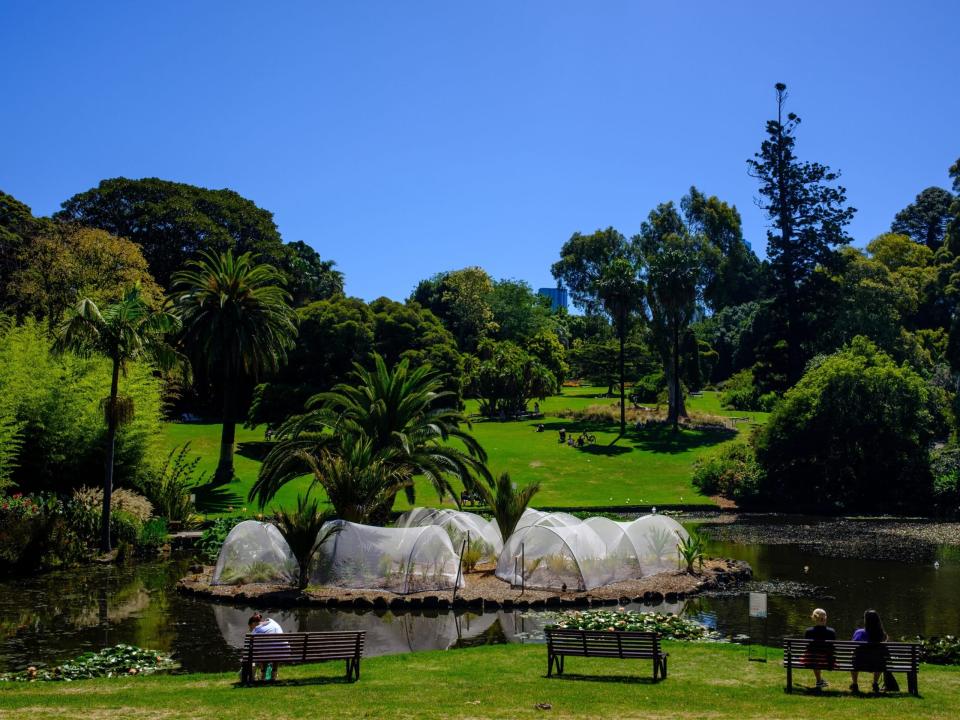 People sitting on benches at the Royal Botanic Gardens Victoria in Melbourne, Australia.