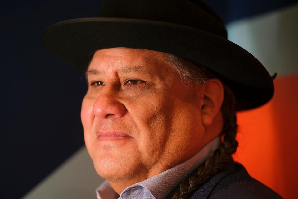 Osage Nation citizen Yancey Red Corn, who plays Osage Chief Bonnicastle in "Killers of the Flower Moon," poses for a photo on Feb. 28, 2024, at First Americans Museum in Oklahoma City.