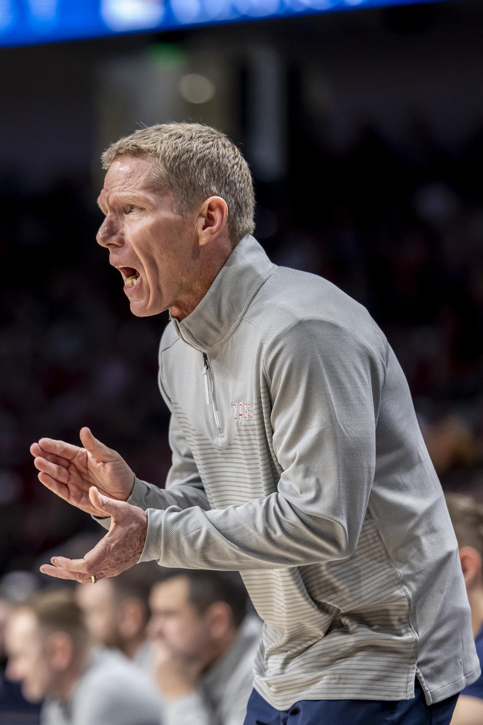 Gonzaga head coach Mark Few cheers his team during the first half of an NCAA college basketball game against Alabama, Saturday, Dec. 17, 2022, in Birmingham, Ala. (AP Photo/Vasha Hunt)