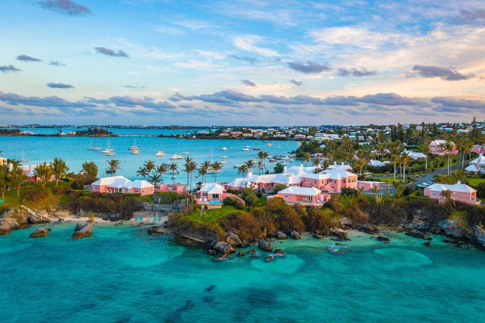 A cluster of pink buildings on the island of Bermuda