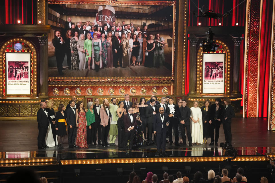 David Adjmi, center, and members of the company of "Stereophonic" accept the award for best play during the 77th Tony Awards on Sunday, June 16, 2024, in New York. (Photo by Charles Sykes/Invision/AP)