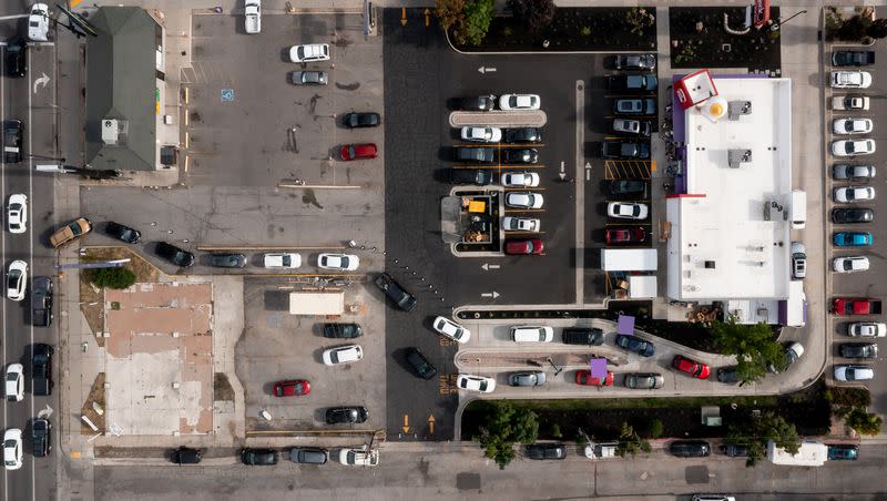 Cars queue for the drive-thru at the recently opened Jack in the Box on State Street in Salt Lake City on Tuesday, June 27, 2023.