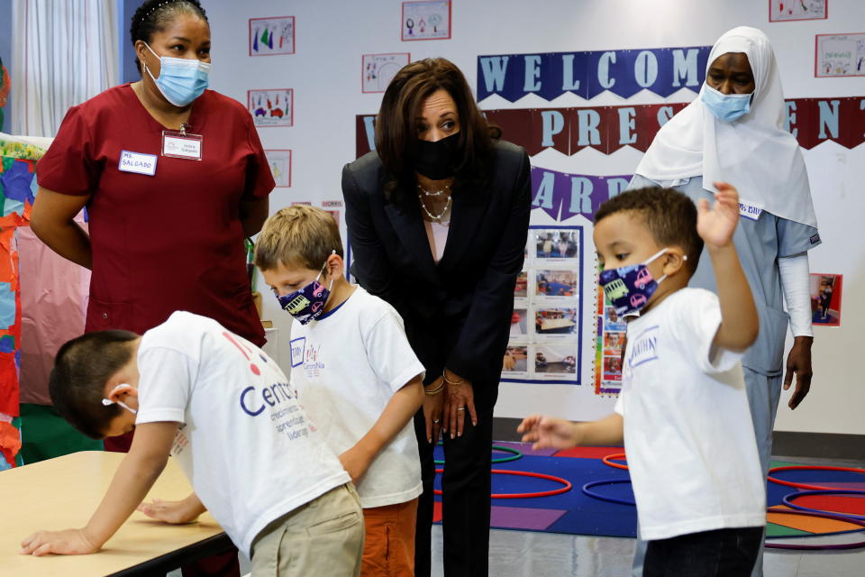 U.S. Vice President Kamala Harris visits CentroNia, a bilingual early childhood education center, to highlight child tax credit programs, in Washington, U.S. June 11, 2021. (Jonathan Ernst/Reuters)