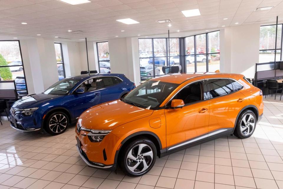 VinFast electric cars sit in the showroom at the new Leith VinFast dealership in Cary Thursday, Dec. 28, 2023. The Vietnamese automaker announced in March 2022 that it would open an electric vehicle assembly plant in North Carolina.