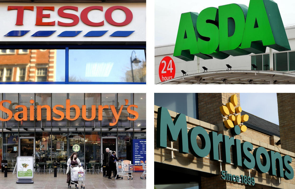 File photos of Tesco, Asda, Sainsbury's and Morrisons supermarkets as the so-called Big Four supermarkets have slumped to the bottom of an annual ranking after disappointing customers with the quality of their food and ability to keep up with online rivals.