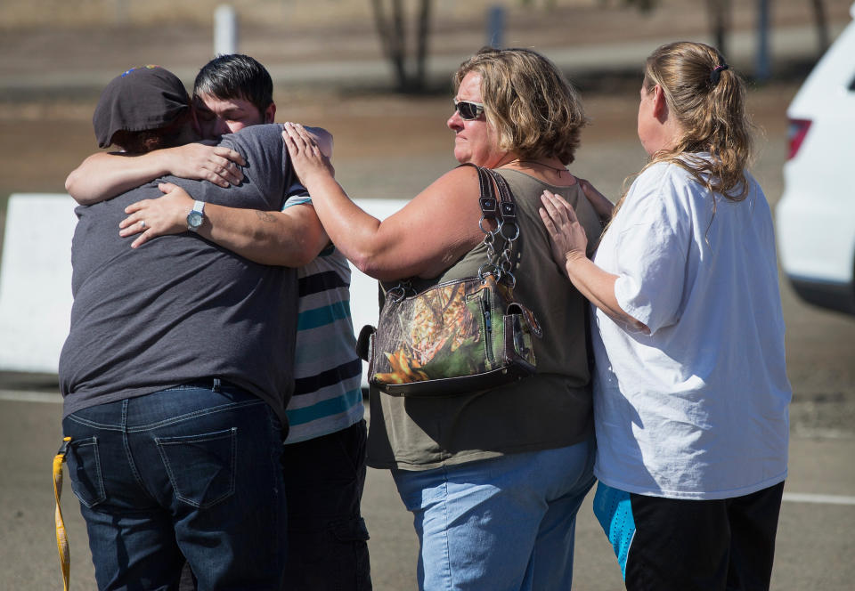 Students and staff of Umpqua Community College arrive at the Douglas County Fairgrounds Complex where they were offered grief counseling and a bus ride back to campus to pick up their possessions and vehicles on October 2, 2015 in Roseburg, Oregon. &nbsp;The students and staff were evacuated from the campus yesterday when 26-year-old Chris Harper Mercer went on a shooting rampage and killed 9 people and wounded another 7 before he was killed. &nbsp;