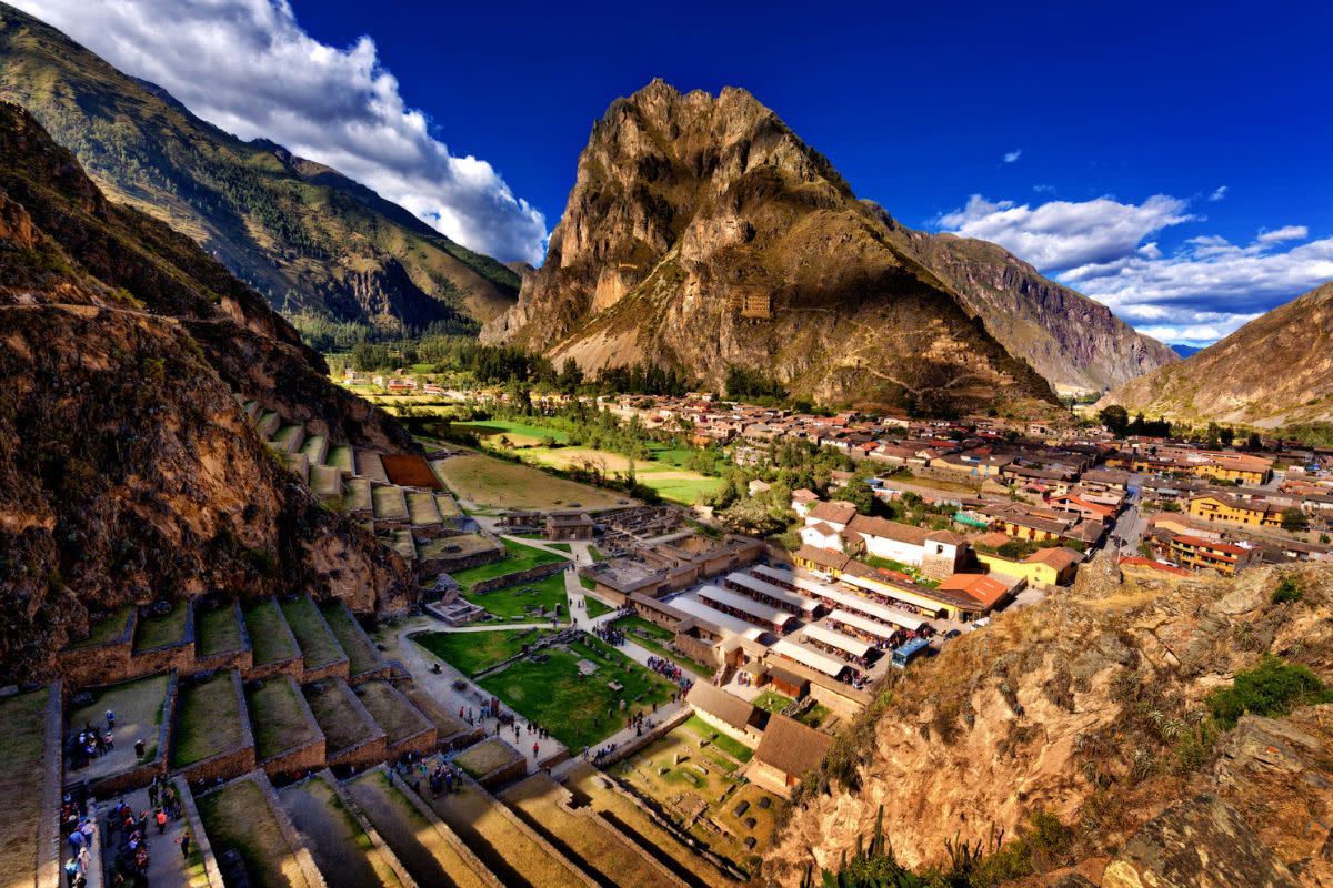 High angle view of Inca terraces of Ollantaytambo in Sacred Valley of Peru