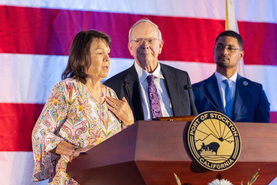 Stan and Denise Smart receive a key to the city by Mayor Kevin Lincoln during the 2023 State of the City on Thursday, May 18, 2023, at the Port of Stockton. The Smarts were recognized for the Kristin Smart Campus Safety Act that became law in 1998 and have formed a Kristin Smart Scholarship. SARA NEVIS/FOR THE STOCKTON RECORD