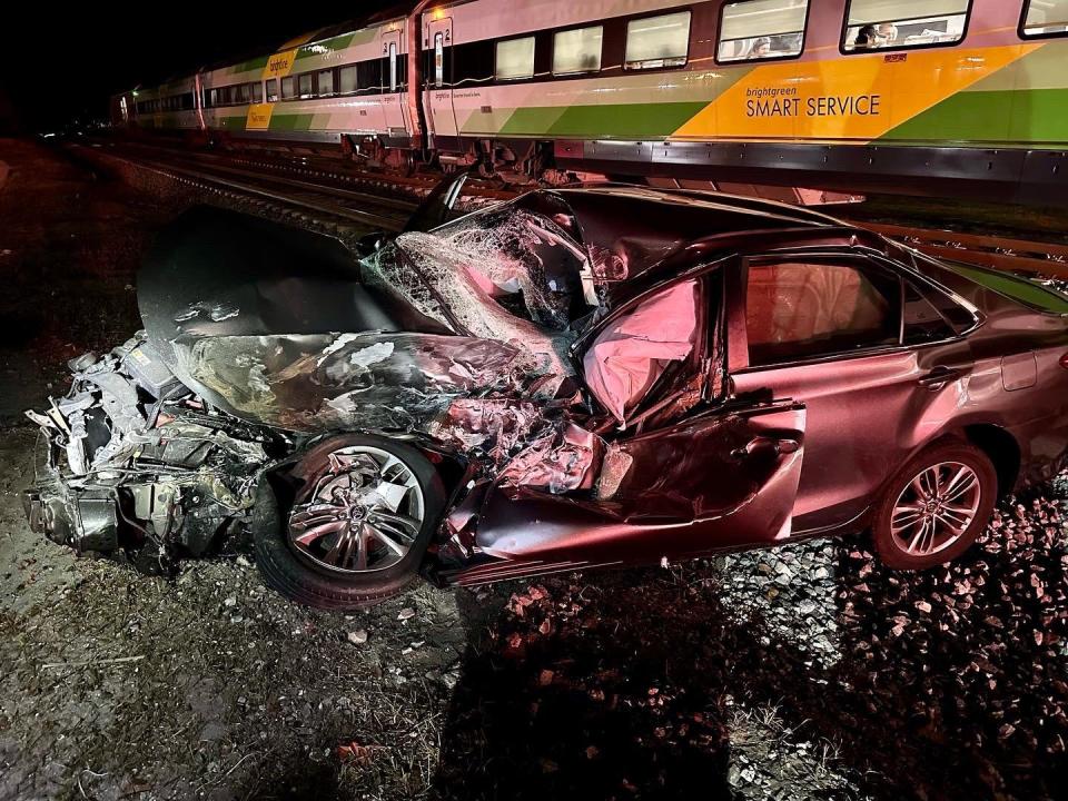A Brightline train crashed into a car left stuck on the tracks Nov. 22, 2023 at Northeast Jensen Beach Boulevard. The driver of the car escaped before the impact and no injuries were reported, Martin County sheriff’s officials said.