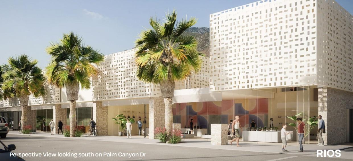 A rendering of the retail section of a mixed-use development planned for downtown Palm Springs. The view is from Palm Canyon Drive.