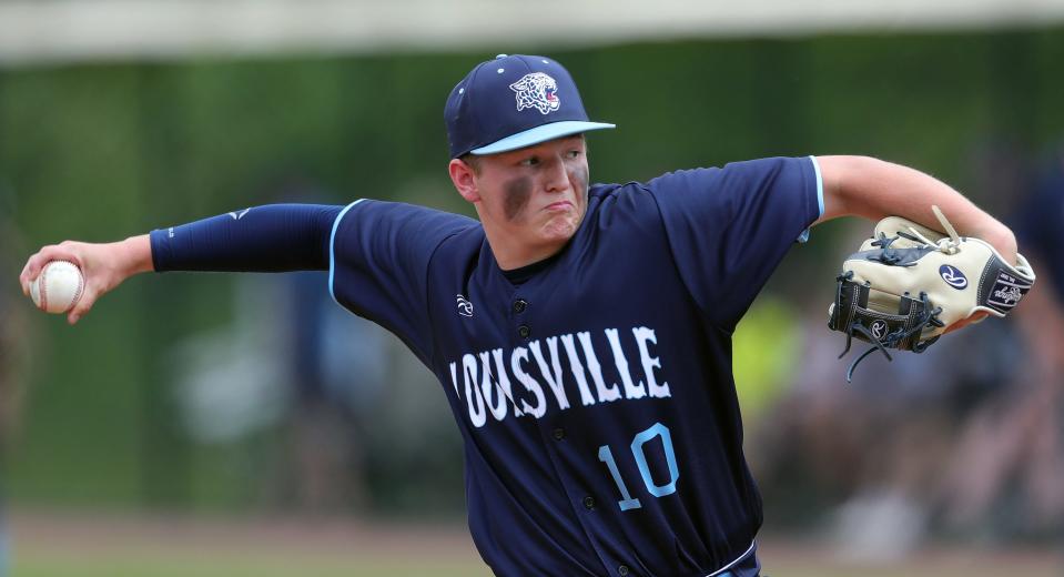 Louisville pitcher Zach Root throws against GlenOak during the fourth inning of a Division I district semifinal baseball game at Nordonia High School, Tuesday, May 23, 2023, in Macedonia, Ohio.