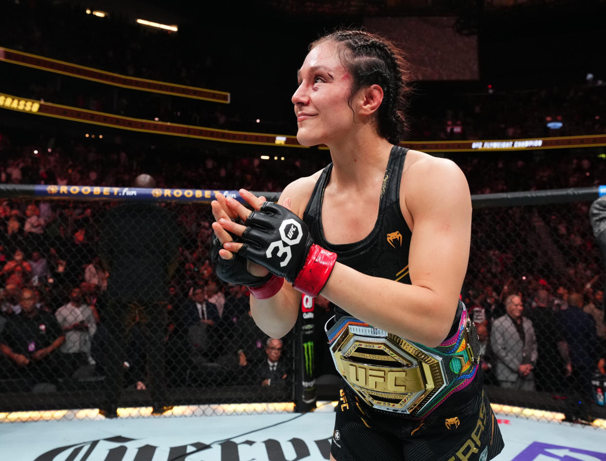 LAS VEGAS, NEVADA - SEPTEMBER 16: Alexa Grasso of Mexico reacts after retaining her title with a draw against Valentina Shevchenko of Kyrgyzstan in the UFC flyweight championship fight during the Noche UFC event at T-Mobile Arena on September 16, 2023 in Las Vegas, Nevada. (Photo by Chris Unger/Zuffa LLC via Getty Images)