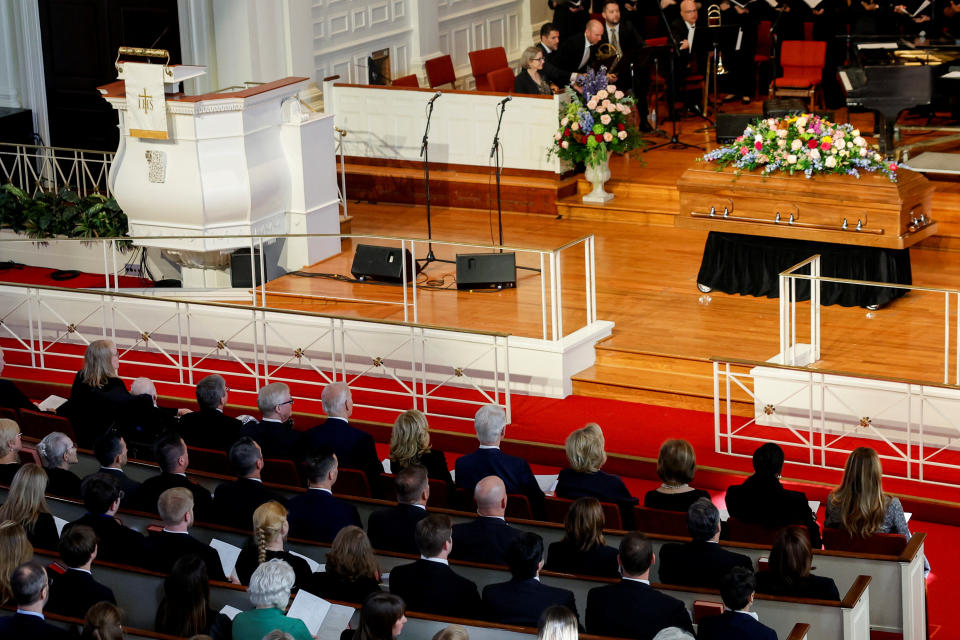 The casket of former first lady Rosalynn Carter is seen during a memorial service at Glenn Memorial Church in Atlanta on Tuesday. (Evelyn Hockstein/Reuters)