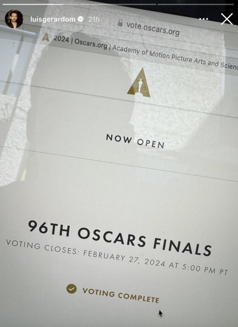 Screenshot of Oscar voting webpage announcing '96th Oscars Finals Voting Now Open, closes February 27, 2024 at 5 PM PT'