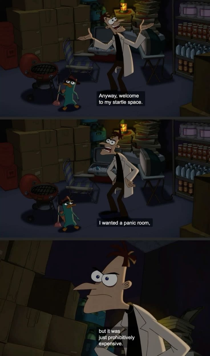 A cartoon image showing characters Phineas and Dr. Doofenshmirtz in a cluttered room with text bubbles expressing Dr. Doofenshmirtz's dialogue