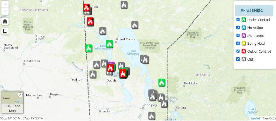 A map from the province shows wildfires in Manitoba as of Saturday, May 11, 2024. Fires in grey have been put out, while those in red are considered out of control.