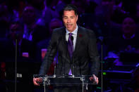 Lakers GM Rob Pelinka speaks during the "Celebration of Life for Kobe and Gianna Bryant" service at Staples Center in Downtown Los Angeles on February 24, 2020. (Photo by Frederic J. BROWN / AFP) (Photo by FREDERIC J. BROWN/AFP via Getty Images)