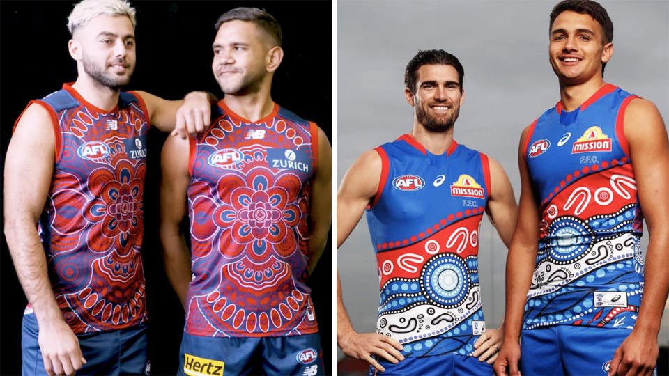 The AFL ruled that the Indigenous jumper designs for Melbourne and the Western Bulldogs clashed too much, leaving many fans confused. Pictures: Melbourne Demons/Western Bulldogs