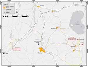 Infrastructure map showing the location of Nkalonje and Songwe in Mkango’s Phalombe Licences relative to the commercial capital Blantyre, other towns, and the Tete–Nacala railway. Grid is UTM Zone 36S in WGS84 Datum.