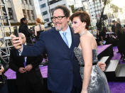 <p>Johansson also cheesed with Favreau, who launched the MCU with <em>Iron Man</em> in 2008. He is an executive producer on this one. (Photo: Emma McIntyre/Getty Images) </p>