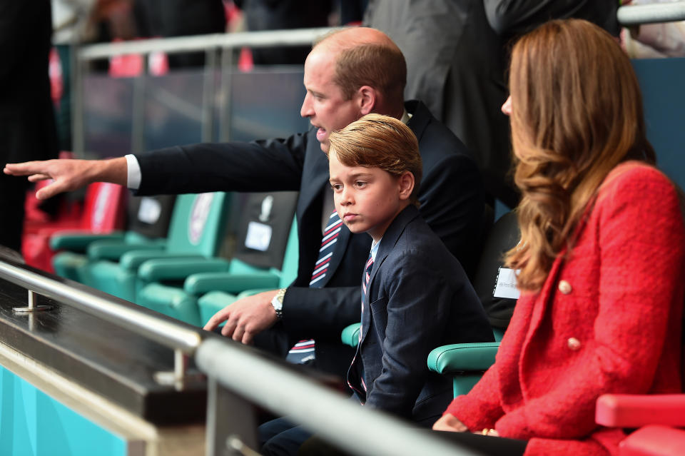 LONDON, ENGLAND - JUNE 29: Prince William, President of the Football Association along with Catherine, Duchess of Cambridge with Prince George during the UEFA Euro 2020 Championship Round of 16 match between England and Germany at Wembley Stadium on June 29, 2021 in London, England. (Photo by Eamonn McCormack - UEFA/UEFA via Getty Images)