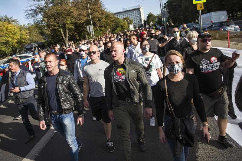 Activists shouting slogans during the march. People took part in the "March of Normality" organised by the National-Radical Camp (ONR) and the Autonomic Nationalists of Bialystok. 