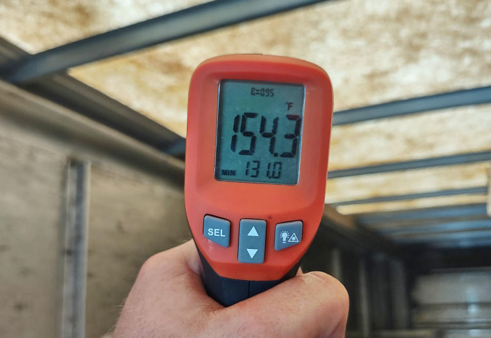 A temperature reading taken by a driver in the cargo area of a UPS delivery truck on a mid-July afternoon in Florida. (Obtained by NBC News)