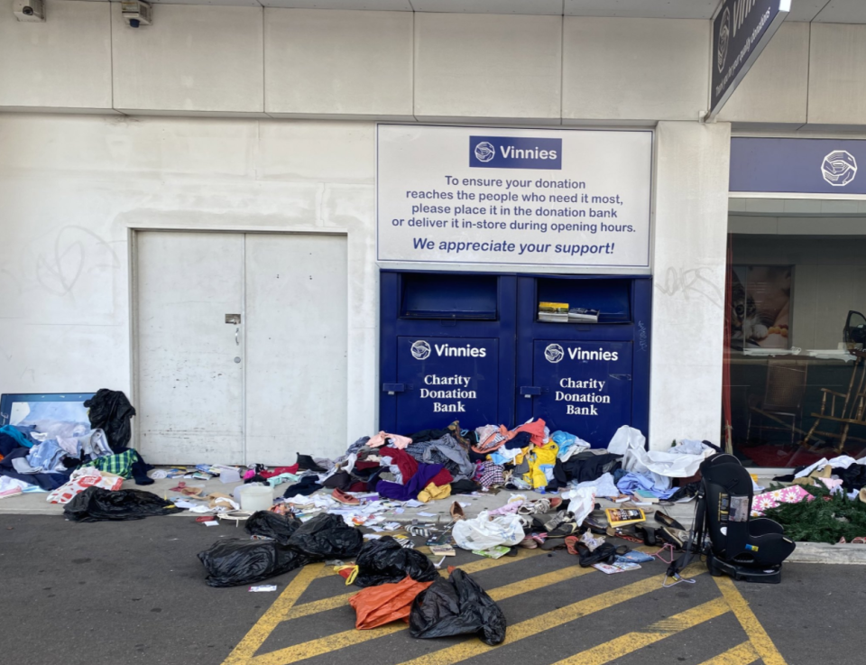 Clutter dumped outside Vinnies donation bins in South Australia.