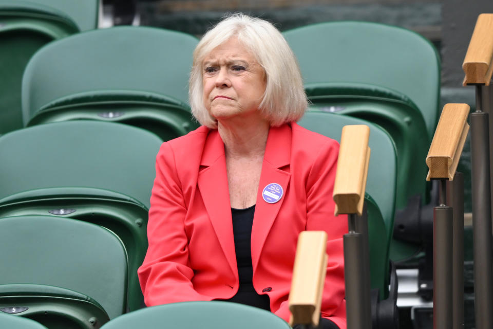 LONDON, ENGLAND - JULY 06: Sue Barker attends day six of the Wimbledon Tennis Championships at the All England Lawn Tennis and Croquet Club on July 06, 2024 in London, England. (Photo by Karwai Tang/WireImage)