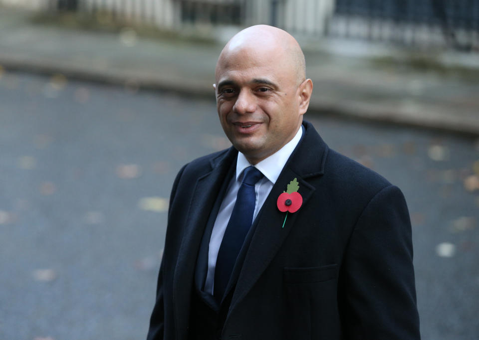 Chancellor of the Exchequer Sajid Javid in Downing Street arriving for the Remembrance Sunday service at the Cenotaph memorial in Whitehall, central London. (Photo by Jonathan Brady/PA Images via Getty Images)