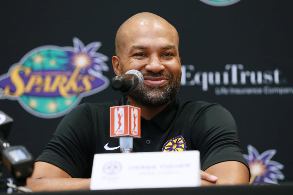 LOS ANGELES, CALIFORNIA - MAY 14: Head coach Derek Fisher of the Los Angeles Sparks attends Los Angeles Sparks Media Day at Los Angeles Southwest College on May 14, 2019 in Los Angeles, California. NOTE TO USER: User expressly acknowledges and agrees that, by downloading and/or using this Photograph, user is consenting to the terms and conditions of Getty Images License Agreement. (Photo by Leon Bennett/Getty Images)