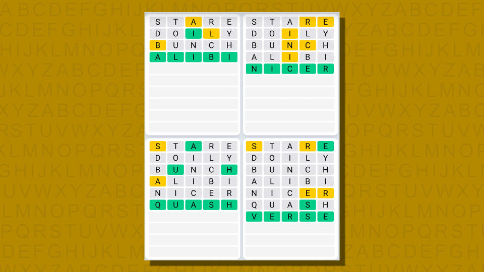 Quordle daily sequence answers for game 790 on a yellow background