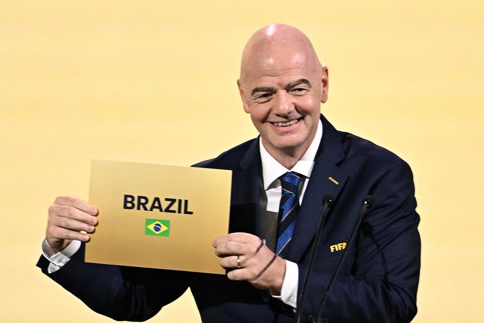 FIFA President Gianni Infantino announces Brazil as the hosts of the 2027 Women's World Cup during the 74th FIFA Congress in Bangkok on May 17, 2024.