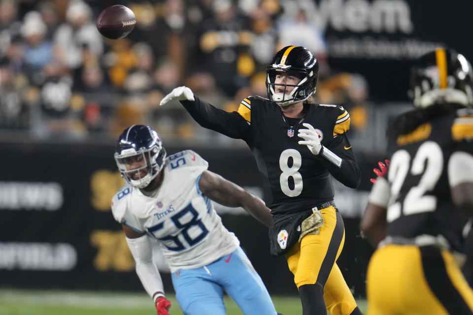 Pittsburgh Steelers quarterback Kenny Pickett (8) throws pass against the Tennessee Titans during the first half of an NFL football game Thursday, Nov. 2, 2023, in Pittsburgh. (AP Photo/Gene J. Puskar)