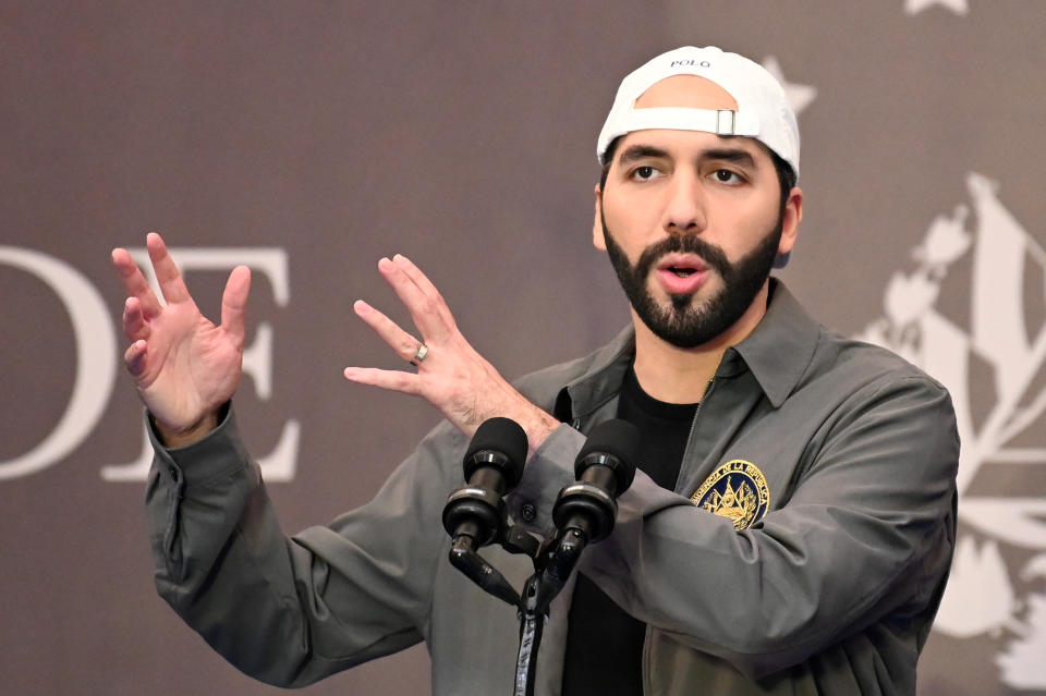 Salvadoran President Nayib Bukele delivers a press conference at a hotel in San Salvador, on February 28, 2021. - Salvadorans went to the polls Sunday to elect new lawmakers and mayors in a vote that could see President Nayib Bukele's backers secure an absolute majority in parliament. (Photo by STANLEY ESTRADA / AFP) (Photo by STANLEY ESTRADA/AFP via Getty Images)