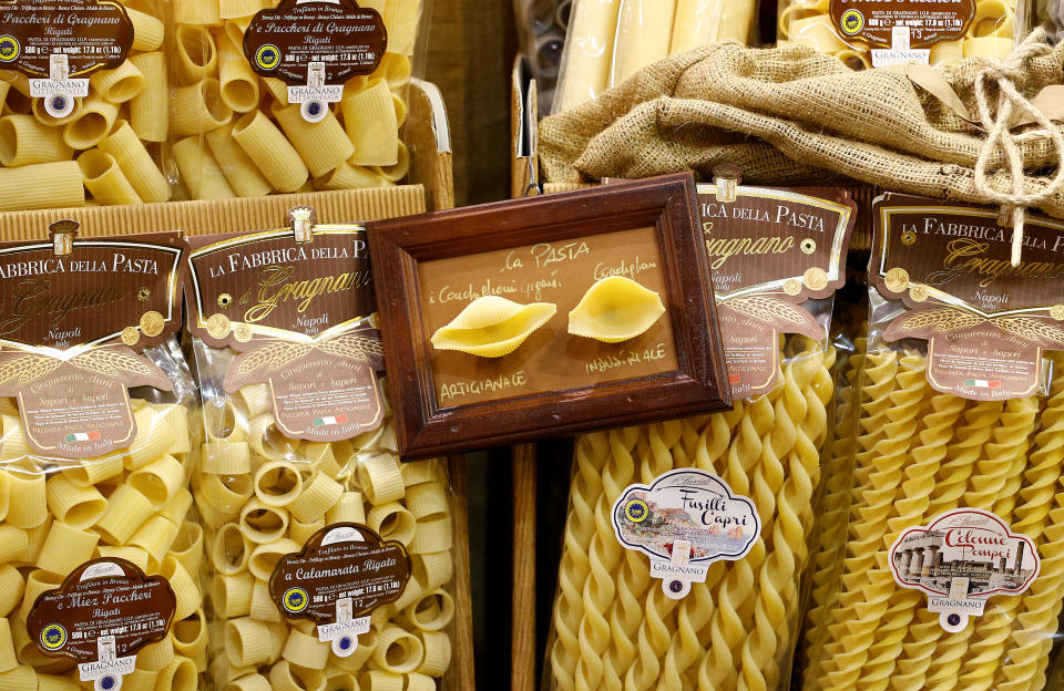 Different type of Gragnano's artisan pasta are seen at the 50th Vinitaly international wine and spirits exhibition in Verona, northern Italy, April 12, 2016. REUTERS/Stefano Rellandini